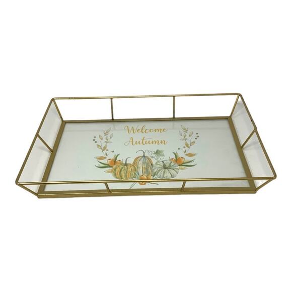 Welcome Autumn Seasonal Gold Metal Wire Decorative Tray - Picture 2 of 4